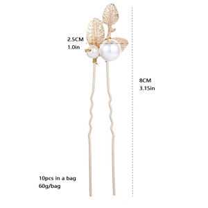 Golden leaf hair pin with pearl accent for bridal styling, set of 10, dimensions 8cm by 2.5cm