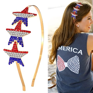 Independence Day headband with red white and blue rhinestone stars on a gold frame