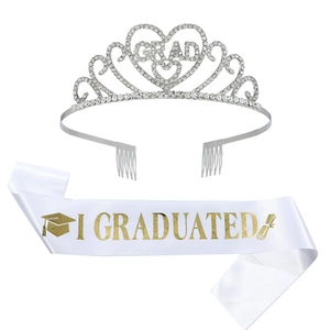 Silver graduation crown and white satin I GRADUATED sash set with rhinestones