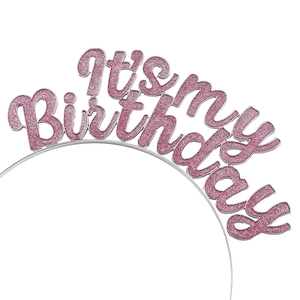 Dettaglio del cerchietto rosa glitter It's my Birthday con cornice in filo metallico