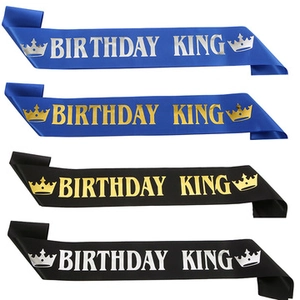 Détails des écharpes Birthday King en satin bleu et noir avec texte doré et argenté