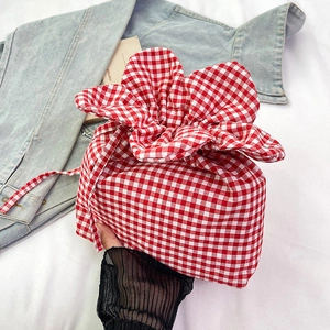 Women Gingham Plaid Nylon Drawstring Shoulder Bag Floral Ruffle Opening Small Bucket Bag Casual Crossbody Handbag For Daily Vacation