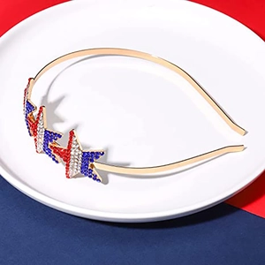 Detail of gold headband with red white and blue rhinestone stars for Independence Day