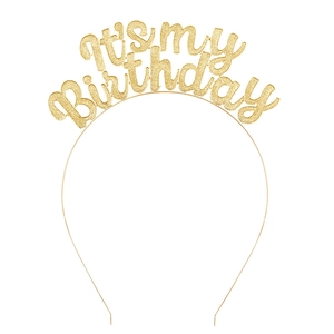Dettaglio del cerchietto glitterato dorato It's My Birthday per acconciature
