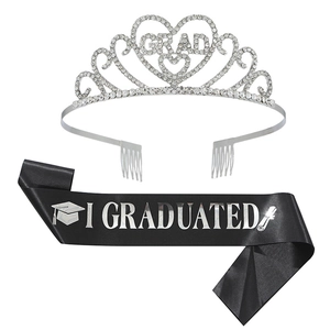 Silver rhinestone GRAD crown and black I GRADUATED satin sash set for graduation party