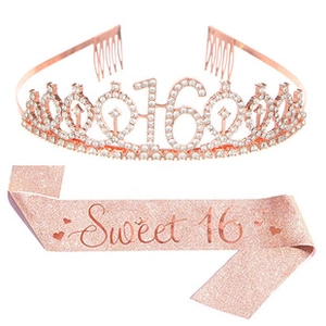 Detail of rose gold rhinestone crown and Sweet 16 sash for birthday party celebration