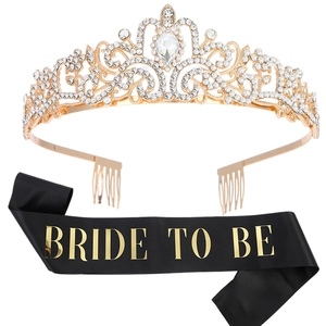 Sparkling crystal bridal tiara and black 'BRIDE TO BE' sash set for wedding party decor