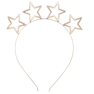 Close-up of gold alloy headband featuring four hollow star shapes with matte metallic finish