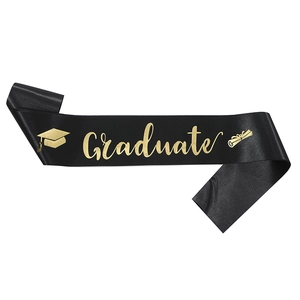 Elegant black satin graduation sash with gold Graduate text and ceremonial icons