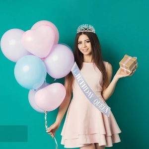 Birthday Queen silver glitter sash and crystal tiara set for women's party celebration