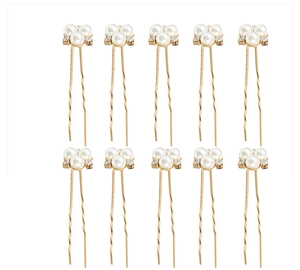 Lot de 10 épingles à cheveux de mariée en U dorées avec perles blanches et strass brillants