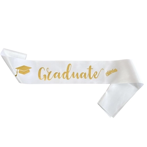 White satin graduation sash with golden 'Graduate' text and academic cap icons