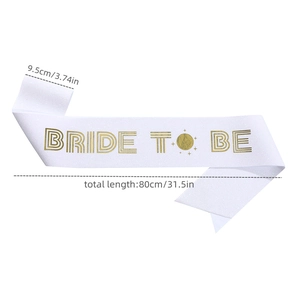 White Bride to Be sash with gold glitter lettering and dimensions of 80cm by 9.5cm