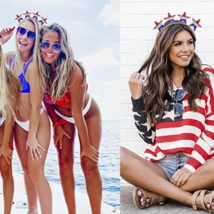 Close-up of patriotic Fourth of July headband with red, white, and blue rhinestone stars
