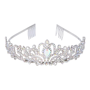 Detailed view of silver tiara featuring iridescent rhinestones and teardrop centerpiece