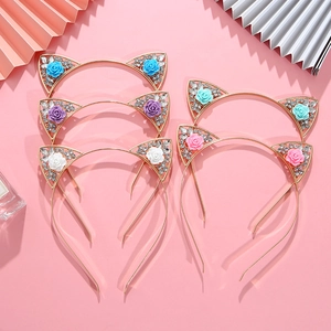 Lot de 5 serre-têtes oreilles de chat dorés avec cristaux et petites fleurs roses