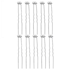 Vue détaillée du lot de 10 épingles à cheveux perle avec design en U en métal argenté