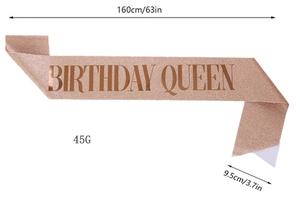 Detailed view of rose gold Birthday Queen sash with size dimensions 160cm x 9.5cm