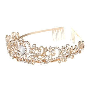 Detailed close-up of golden crystal crown with leaf patterns and pear-shaped rhinestones