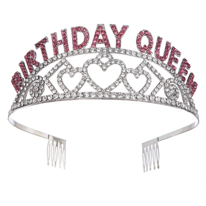 Silver Birthday Queen crown headband with pink and white rhinestones for party hair