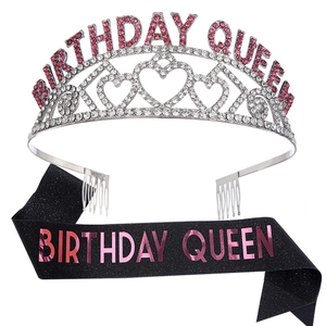 Detail of silver rhinestone Birthday Queen tiara and black glitter sash for party sets