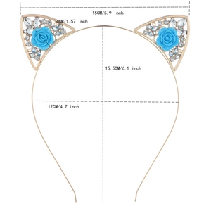 Dimensions détaillées du serre-tête oreilles de chat avec roses bleues et strass