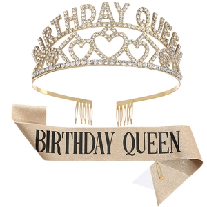 Birthday Queen Tiara And Sash Party Zinc Alloy Rhinestone Crown Glitter Fabric Headband For Women Girls Birthday Gift