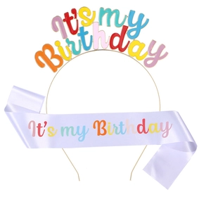 Ensemble écharpe satin arc-en-ciel et bandeau doré pour fête d'anniversaire