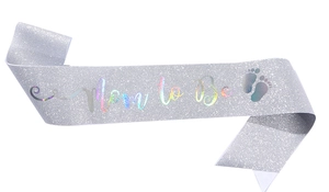 Silver glitter Mom to Be sash with holographic lettering and cute footprint detail