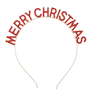 Merry Christmas gold metal headband featuring sparkling red rhinestones on white background