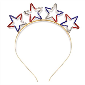 Independence Day headband with red white and blue rhinestone stars on a gold frame