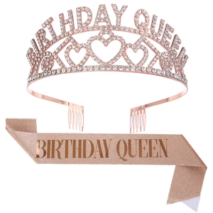 Rose gold Birthday Queen set with rhinestone tiara and glitter sash for girls' parties