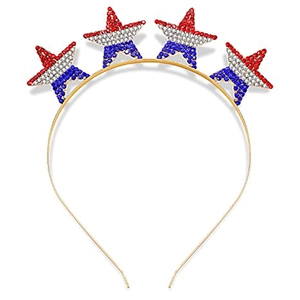 Independence Day headband with red, white, and blue rhinestone stars on gold frame