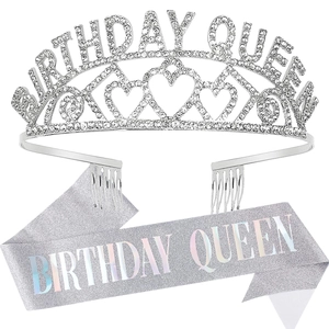 Macro view of silver rhinestone tiara and matching glitter sash for Birthday Queen set