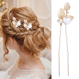 Baroque Style Gold Leaf Hair Stick With White Imitation Artificial Pearl U Shape Hair Pin For Wedding Party Bridal Hair Accessories