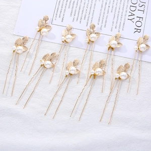 Set of 10 gold leaf hair pins with white pearls for elegant bridal wedding hairstyles