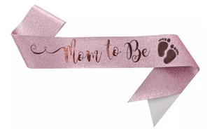 Pink glitter Mom to Be sash with copper foil lettering and baby footprints detail