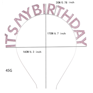 Pink glitter IT'S MY BIRTHDAY headband with dimensions showing 17cm height and 16cm width