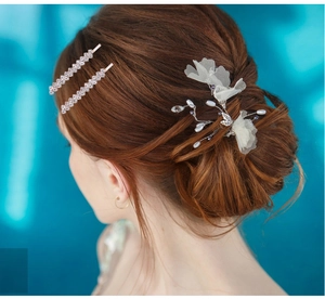 Détail d'épingles à cheveux en strass et d'un pic à fleurs avec perles sur une mariée