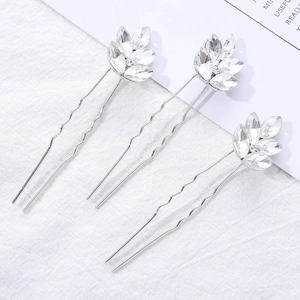 Trois épingles à cheveux feuilles en cristal argenté pour coiffure de mariée élégante