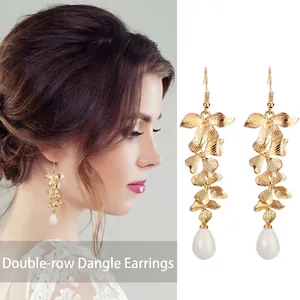 Orecchini Pendenti a Forma di Orchidea Dorata Con Ciondolo in Perla Artificial Sintetica Eleganti Gioielli da Sposa per Matrimonio Festa Stile Barocco Accessori Donna