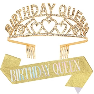 Golden Birthday Queen crown and glitter sash set for girls party celebrations