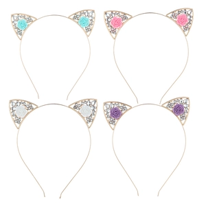 Serre-tête Oreilles de Chat en Alliage Avec Fleurs en Résine Strass Doux Coiffe de Fête pour Femmes Filles Accessoires Cheveux