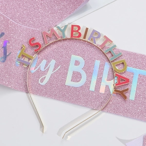Birthday set with gold IT'S MY BIRTHDAY crown headband and pink glitter party sash