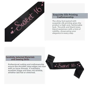 Détail de l'écharpe d'anniversaire Sweet 16 en satin noir avec sérigraphie rose pailletée