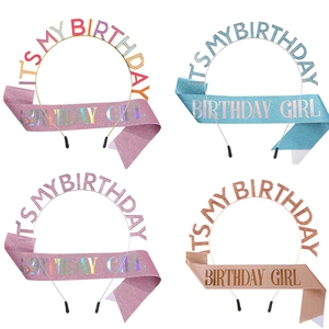 Collage of It's My Birthday metal tiaras and glitter sashes in four color combinations