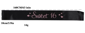 Detailed view of Sweet 16 black satin sash with dimensions 160cm x 10cm