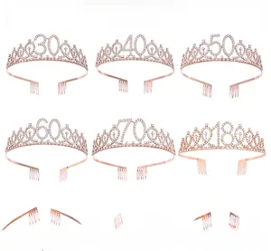 Rose gold birthday tiaras collection with rhinestones featuring numbers 10 to 70