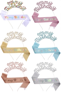 Detailed grid display of It's My Birthday headband and glitter sash set in six colors