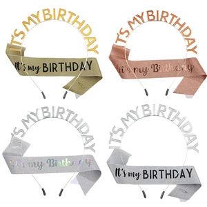 Detailed set of metal birthday headbands and glitter sashes in four vibrant colors